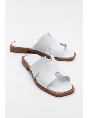 Handy Beyaz Cilt Hakiki Deri Kadın Terlik