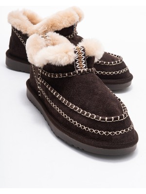 Darel Kahverengi Süet Hakiki Deri Dikişli Kürklü Kadın Kısa Bot