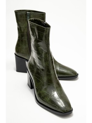Chara Yeşil Baskı Kadın Kalın Topuklu Bot