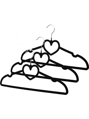 3pcs Siyah Kadife Kaplı - Kalpli Plastik Askı Metal Uçlu (4887)