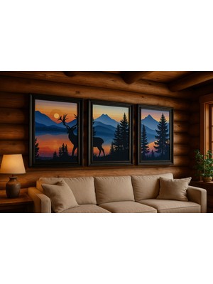 Buzz Designs Wild Horizon – 3’lü Dağ ve Geyik Temalı Dekoratif Duvar Tablo Seti (Çerçeveli)