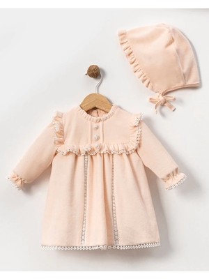 Şapkalı Kadife Düğme Detaylı Bebe Kız Elbise