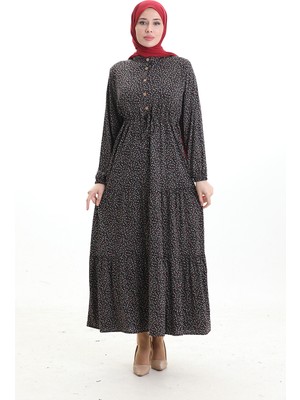 Hakim Yaka Çiçek Desenli Elbise 0197-01 Siyah Lila
