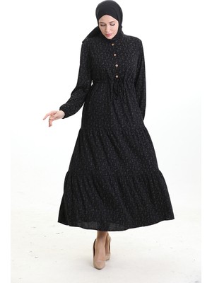 Hakim Yaka Yarım Düğmeli Elbise 0194-01 Siyah