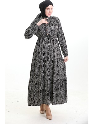 Geometrik Desen Beli Bağcıklı Elbise 0195-01 Siyah