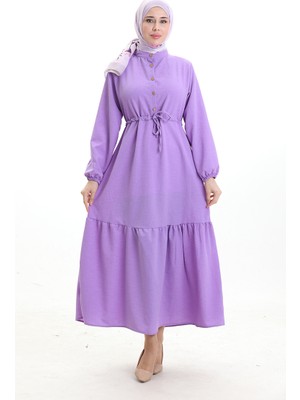 Beli Bağcıklı Yarım Düğmeli Elbise 0182-08 Lila