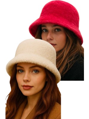 Uniquetrenders Kadın Soft Peluş Ayarlanabilir Ipli Bucket Kova Şapka 2’li Set