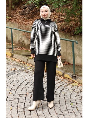 Triko Balıkçı Yaka Çizgili Tunik Pantolon Ikili Takım 1098-06 Siyah