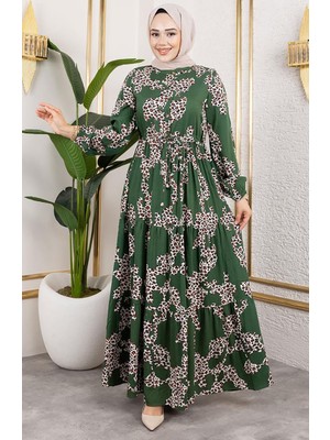 Leopar Desenli Viskon Elbise 7135-01 Yeşil