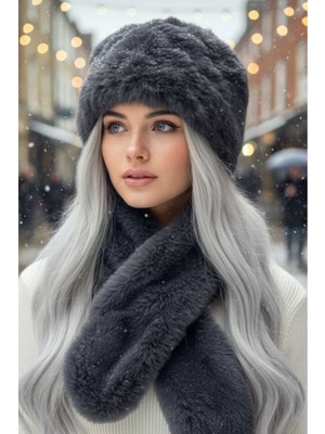 Uniquetrenders Kadın Kışlık Vegan Kürk Peluş Kalpak Şapka ve Atkı Seti