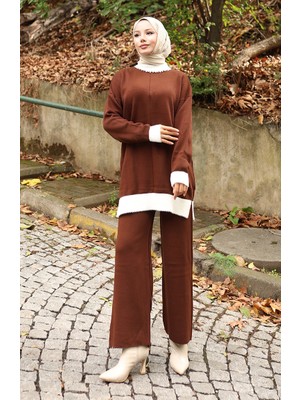 Triko Inci Detaylı Tunik Pantolon Ikili Takım 1011-07 Kahverengi