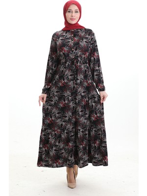 Hakim Yaka Desenli Düğmeli Elbise 0193-01 Siyah Kırmızı