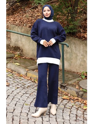 Triko Inci Detaylı Tunik Pantolon Ikili Takım 1011-08 Lacivert
