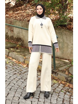 Triko Çizgi Detaylı Tunik Pantolon Ikili Takım 1066-02 Bej
