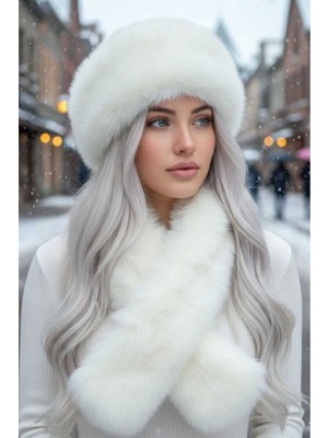 Uniquetrenders Kadın Kışlık Vegan Kürk Peluş Kalpak Şapka ve Atkı Seti