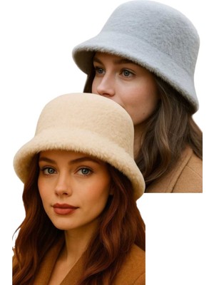 Uniquetrenders Kadın Soft Peluş Ayarlanabilir Ipli Bucket Kova Şapka 2’li Set