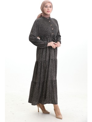 Hakim Yaka Çiçek Desenli Elbise 0197-03 Siyah Haki