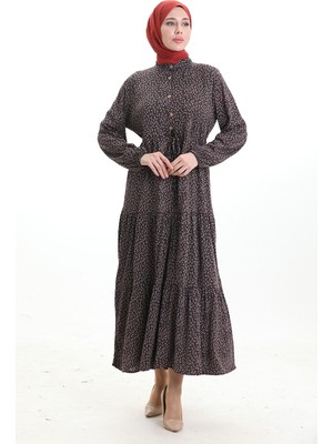 Hakim Yaka Çiçek Desenli Elbise 0197-02 Siyah Kırmızı