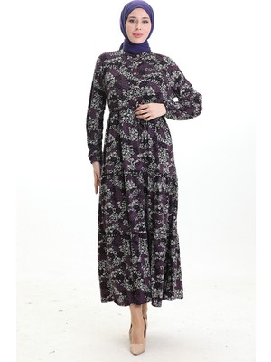 Hakim Yaka Beli Bağcıklı Desenli Elbise 0200-03 Siyah Mor