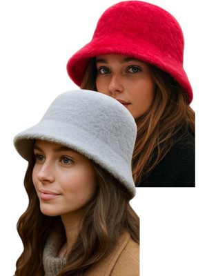 Uniquetrenders Kadın Soft Peluş Ayarlanabilir Ipli Bucket Kova Şapka 2’li Set