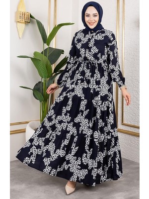 Sefa Merve Leopar Desenli Viskon Elbise 7135-03 Lacivert