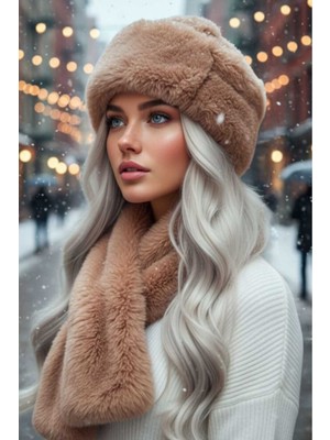 Uniquetrenders Kadın Kışlık Vegan Kürk Peluş Kalpak Şapka ve Atkı Seti