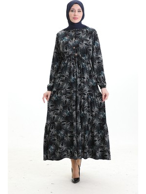 Hakim Yaka Desenli Düğmeli Elbise 0193-02 Siyah Petrol