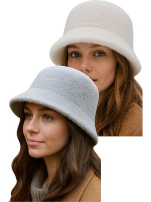 Uniquetrenders Kadın Soft Peluş Ayarlanabilir Ipli Bucket Kova Şapka 2’li Set