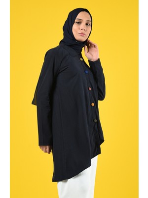 Renkli Düğmeli Asimetrik Tunik 4700-05 Koyu Lacivert