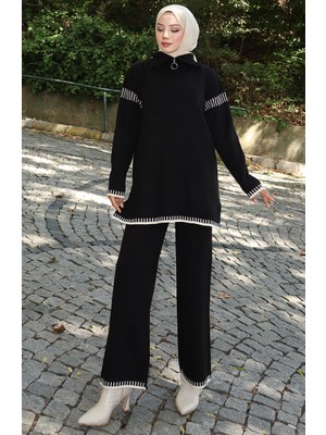 Triko Fermuar Yakalı Tunik Pantolon Ikili Takım 1061-04 Siyah