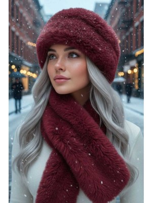 Uniquetrenders Kadın Kışlık Vegan Kürk Peluş Kalpak Şapka ve Atkı Seti