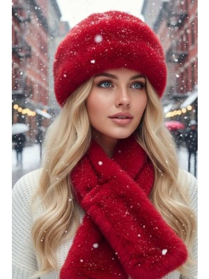 Uniquetrenders Kadın Kışlık Vegan Kürk Peluş Kalpak Şapka ve Atkı Seti