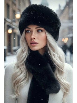 Uniquetrenders Kadın Kışlık Vegan Kürk Peluş Kalpak Şapka ve Atkı Seti