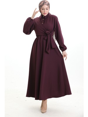 Kruvaze Yaka Düğmeli Kuşaklı Elbise 0198-01 Mürdüm
