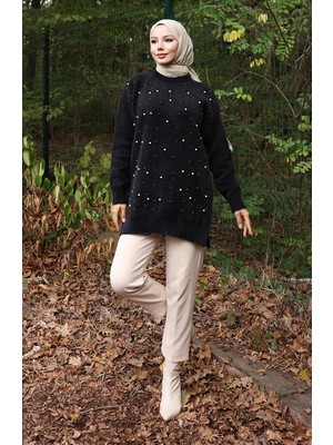 Triko Inci Detaylı Tunik 3009-02 Siyah