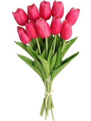 Yapay 8li Islak Lale Buketi Gerçek Doku Koyu Pembe