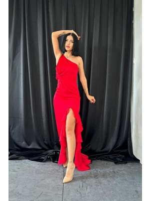 Kırmızı Volanlı Saten Abiye