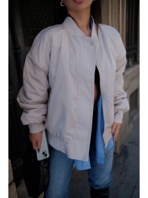 Cepli Bomber Ceket Mont - Beyaz