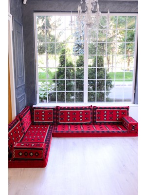 Şark Köşesi Takımı Konsepti Kırmızı Yemen Modeli Koltuk Takımı Sünger Dahil (9 Parça)