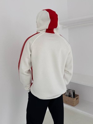 Bergibo Kırmızı Oversize Kapüşonlu Sweat Erkek 2025 Sonbahar - Kış Rahat Kesim Desenli