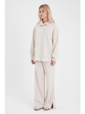Ruby Geniş Paça Beli Lastikli Yanı Çıtçıtlı Jogging Pantolon(Cupro)-Kemik