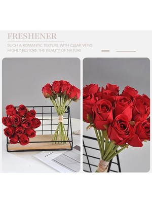 Yapay Çiçekl 12 Adet Gül Tomurcuklu Lüx Gül Buketi Kırmızı Renk Gelin Çiçeği Atma Çiçegi