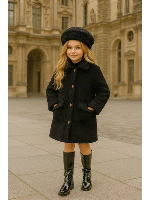HC Kids Wear Kız Çocuk Pelüş Kaban 4 Yaş Siyah Uzun Kol İpek Saten Kapitone Astarlı