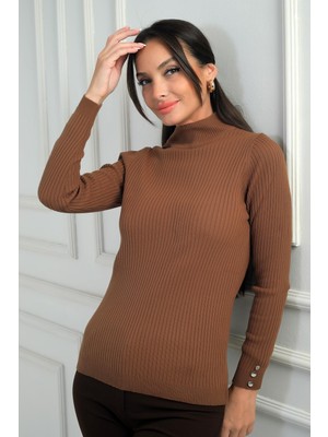 Kadın Balıkçı Yaka Basic Fitilli Kolları Düğme Detaylı Kazak