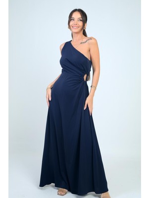 Kadın Tek Omuz Yan Pencere Detaylı Uzun Krep Saten Elbise