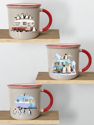 Penguen ve Karavan Baskılı 3'lü Seramik Ağzı Kırmızı Kupa Bardak - Ev Mutfak Ofis Işyeri Eşyası