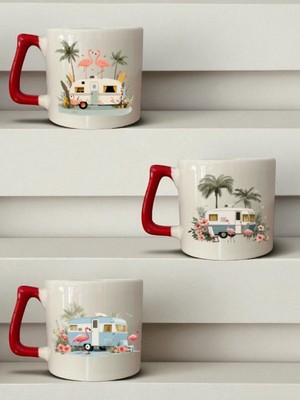 Flamengo ve Karavan Baskılı 3'lü Seramik Kırmızı Kulplu Kupa Bardak - Ev Mutfak Ofis Işyeri Eşyası