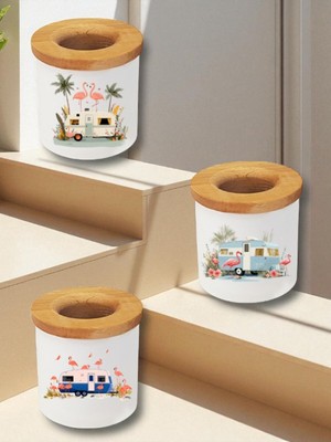 Flamengo ve Karavan Baskılı 3'lü Masaüstü Kalemlik Kalem Kutusu - Ev Mutfak Ofis Işyeri Eşyası