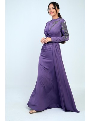Taş Işlemeli Önü Büzgülü Astarlı Krep Saten Tesettür Elbise