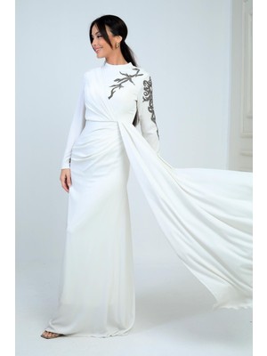 Taş Işlemeli Önü Büzgülü Astarlı Krep Saten Tesettür Elbise